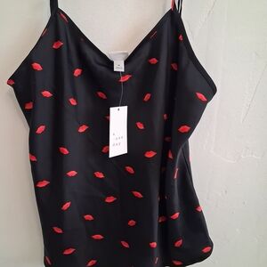 A New Day Black Camisole with Red Lip Print